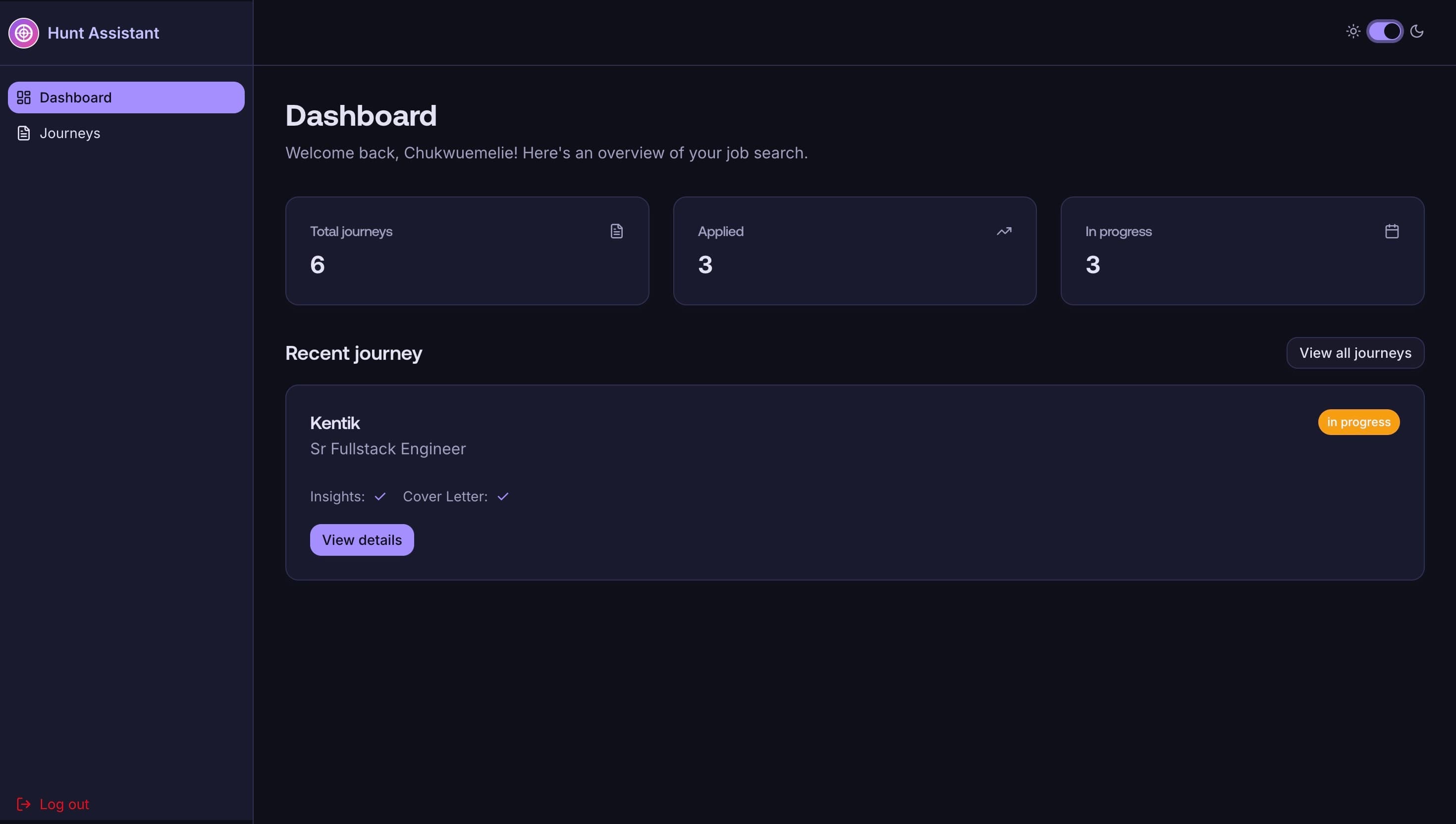 Hunt Assistant dashboard showing tracked job applications and AI insights