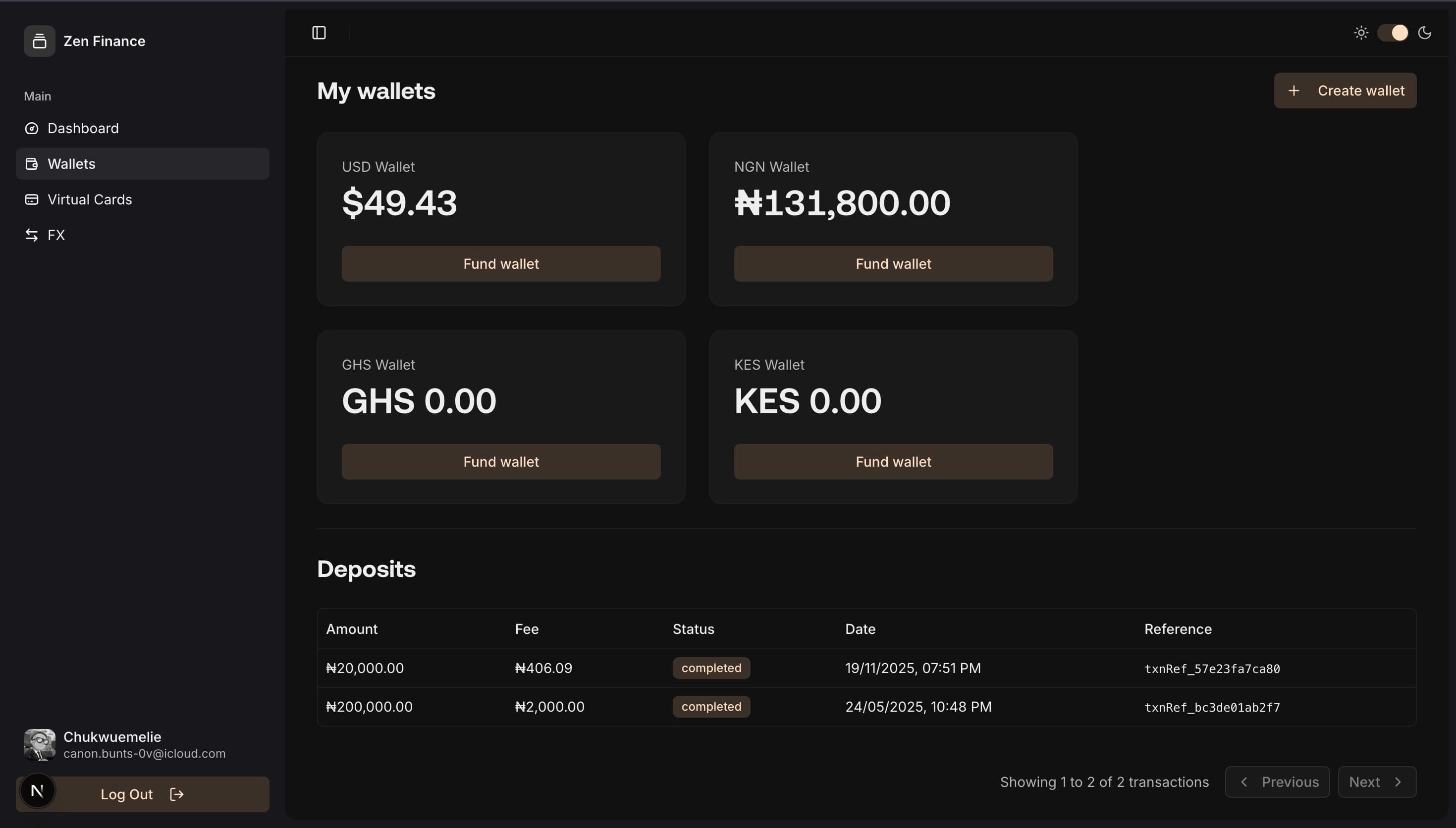 Zen fintech dashboard with multi-currency wallets and virtual cards